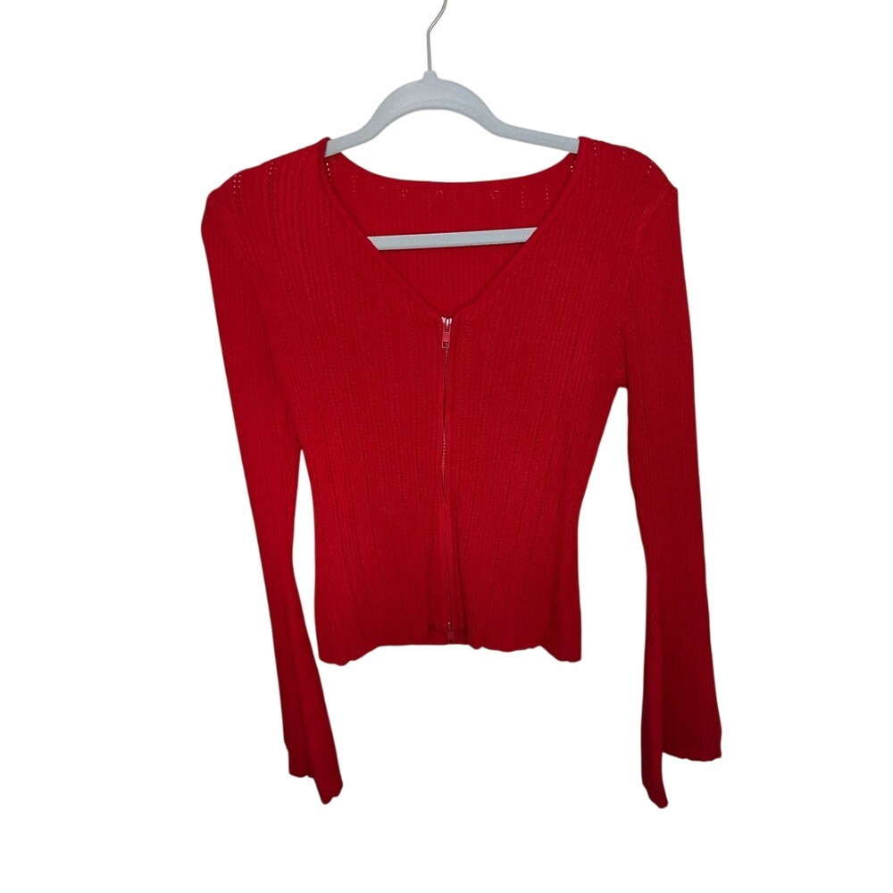 Red Ribbed Knit Zip Up Cardigan Bell Sleeve Cropped Sweater‎ Top